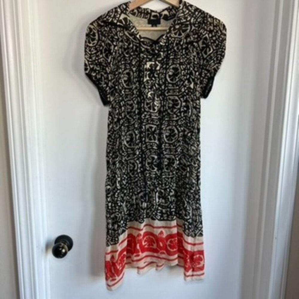 Anna Sui 100%‎ Silk Sheer Black White Red Pattern Lace Up Mini Dress, Size Small